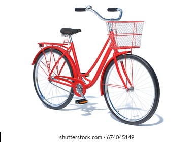 Red Vintage Style Bike With Basket Isolated On White. 3D Illustration