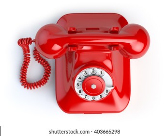 Red Vintage Telephone Isolated On White. Top View Of Phone. 3d Illustration