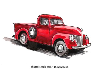 Red Vintage Truck. Ink And Watercolor Illustration