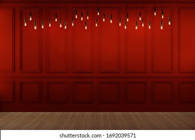 Red Wainscot Mockup Wall with Hanging Light Bulb, 3D Render