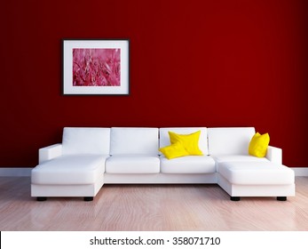 Red Wall With Sofa. 3d Concept