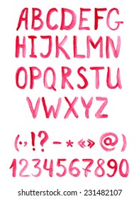 Red watercolor alphabet font with numbers and punctuation marks