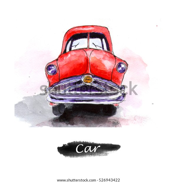 Red watercolor cartoon car. Hand drawn\
watercolor car\
illustration.