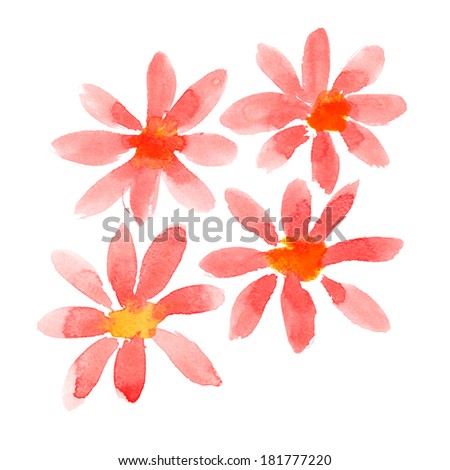 Red watercolor flowers isolated over the white background