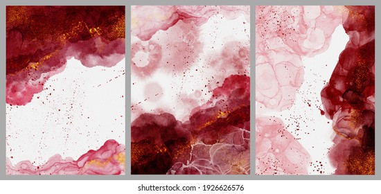 Red Watercolor Wet Wash Splash Hand Drawing Invitation Card Background Template Collection With Golden Accents. Alcohol Ink Style