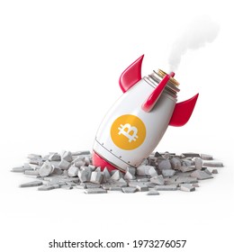 Red and white bitcoin rocket Spaceship Crashed on White Background 3d rendering illustration