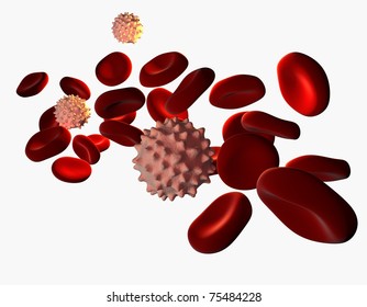 Red And White Blood Cells Flow On White