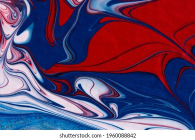 Red White Blue Acrylic Fluid Art, Abstract Creative Trend Background. Dynamic Lines, Movement, Burst Of Emotions, Passion, Free. Form Of Presentations Of Websites, Booklets, Leaflets, Business Cards