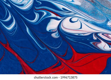 Red, White, Blue Acrylic Fluid Art, Abstract Creative Christmas Background. Artistic Bright Futuristic Background. Dynamic Lines, Water Movement, Splash. Design Of Holiday Cards. Marble Trendy Texture