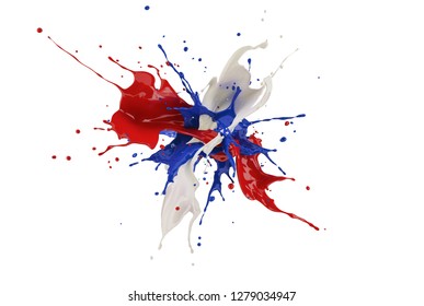 Red, White And Blue Colors Paint Splashing Explosion In The Air. Isolated On White Background.