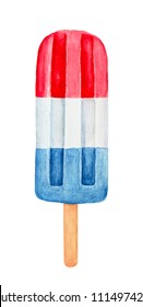 Red, White And Blue Patriotic Popsicle On Wooden Stick. Hand Drawn Water Color Painting On White, Isolated Clip Art Element For Design. Memorial Day, Flag Day, 4th Of July, Labor Day Sweet Decoration.