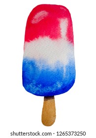 Red, White And Blue Popsicle, Ice Cream Lolly. Watercolor Illustration Isolated On White Background. Easy To Use On Any Festival Menu, Restaurant 