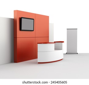 Red And White Booth Or Stall With Wall, Tv Screen And Roll-up