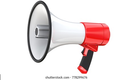 Red And White Bullhorn Public Address Megaphone. 3d Rendering Of Mega Phone, Isolated On White Background.