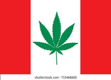 Red and white Canadian flag with a green pot leaf in the middle
