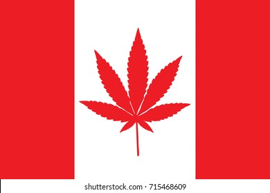 Red and white Canadian flag with a pot leaf in the middle