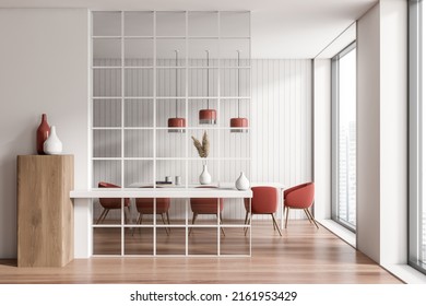 Red And White Design, Dining Room Interior With Table And Armchairs, Hardwood Oak Floor. Panoramic Window, Downtown City View. Glass Wall. 3D Rendering