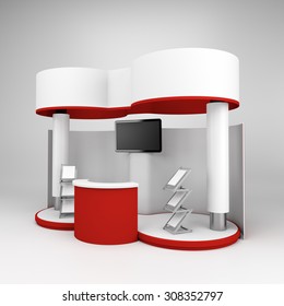 red and white double stall or booth with tv display