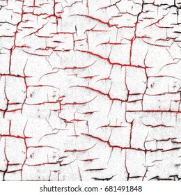 Red and white grunge background. The bloody texture of horror and destruction. White spots and cracks on a red background