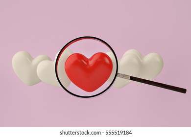 Red and white heart with magnifier on pink background.3D illustration.