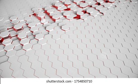 Red and white Hexagonal movement animation offset with 3d rendering.