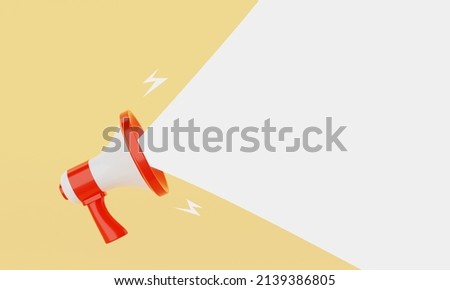 Red and white megaphone announcing white empty blank space message bubble on yellow background. Business and marketing concept. 3D illustration rendering