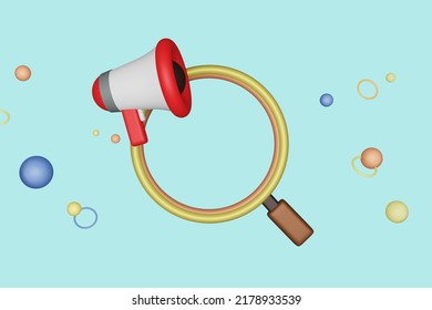 Red And White Megaphone And Magnifying Glass Isolated On Blue Background. 3d Rendering 