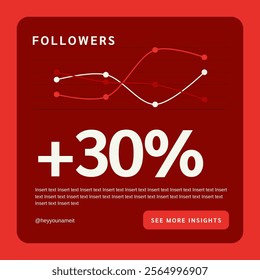 Red and white modern statistics chart insights template -  Growth of + 30% followers see more insights button with tag and text   - Powered by Shutterstock - Get 15% off with code: PIKWIZARD15