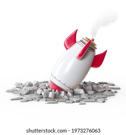 Red and white rocket Spaceship Crashed on White Background 3d rendering illustration