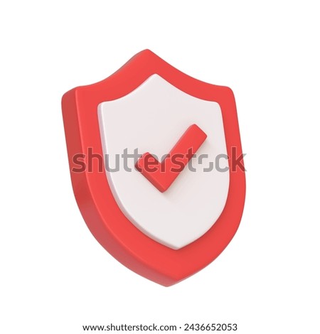 Red and white shield with a check mark, symbolizing verification or security, isolated on white background. 3D icon, sign and symbol. Side view. 3D Render Illustration