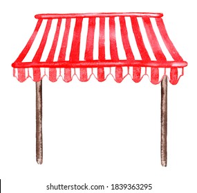 Red and white striped awning with wooden pegs for shop, cafe, street restaurant, market. One single object, front view. A hand-drawn watercolor sketch-painting, a cut-out element of a clip art for