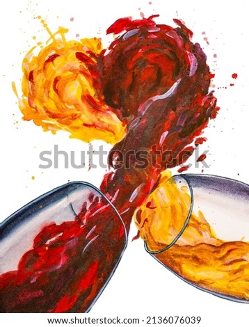 Red and White Wine Glasses. Watercolor painting.