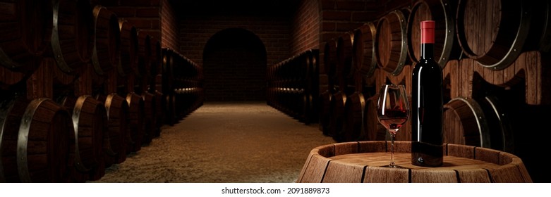Red wine bottle and clear glass with red wine Put on a wine fermentation tank With many wine fermentation tanks stock placed close to the red brick wall in cellar or basement. 3D Rendering
