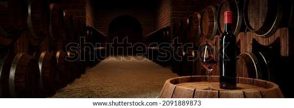 Red wine bottle and clear glass with red wine\
Put on a wine fermentation tank With many wine fermentation tanks\
stock placed close to the red brick wall in cellar or basement. 3D\
Rendering