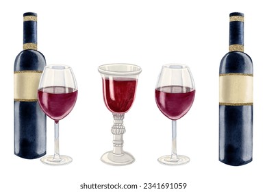 Red wine bottle, glass and transparent goblet watercolor illustration set isolated on white background. Vintage accessories for kiddush and Shabbat - Powered by Shutterstock