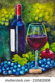 Red wine in a glass. Bottle of wine and grape. Winery Farm. Alcohol drink. Watercolor painting. Acrylic drawing art. A piece of art. 