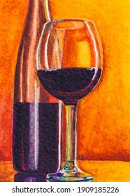 Red wine in glass  Still life bottle wine  Alcohol drink  Watercolor painting  Acrylic drawing art 
