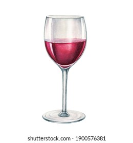 Red Wine Glass Watercolor Illustration. Hand Drawn Realistic Fresh Alcohol Beverage Element. Cristal Clear Glass With Cabernet, Merlot, Chianti Wine On White Background. Delicious Alcohol Grape Drink.