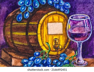 Red wine in a glass. Wooden barrel with wine and grapes. Winery Farm. Alcohol drink. Watercolor painting. Acrylic drawing art. A piece of art. 