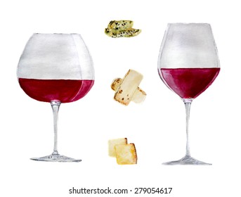 Red Wine Glasses: 'pinot Noir' And 'cabernet Sauvignon', Set Of Cheese. Hand-drawn Watercolor