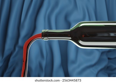 Red wine pouring from a green bottle in front of a blue background. 3D illustration of the concept of alcoholic drinks, fine dining and catering services