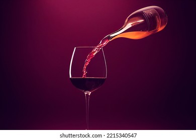 Red Wine Pouring Into A Glass Against A Dark Background, Dramatic Lighting, Food Photography, Photorealistic Illustration