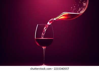 Red Wine Pouring Into A Glass Against A Dark Background, Dramatic Lighting, Food Photography, Photorealistic Illustration