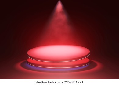 red winner stage Empty podium with illuminated sporting Light source. Floodlight. Product platform concept. Advertising display. Projector. 3D rendering.