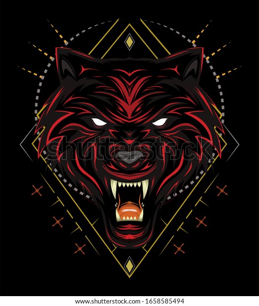 赤いオオカミのロゴ 怒ったオオカミの顔 頭の狼のイラスト 暗いスタイル のイラスト素材