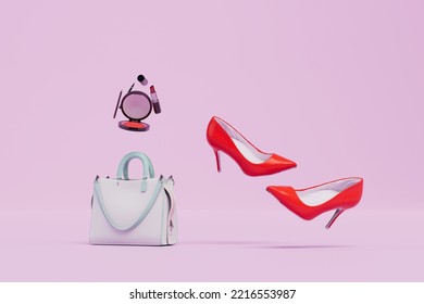 red women's shoes with heels and a handbag with cosmetics on a pastel background. 3D render. - Powered by Shutterstock