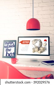 red workspace with express delivery computer. 3d illustration.