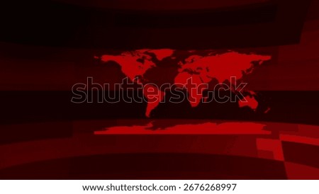 A red world map with continents is displayed on a dark red abstract background with horizontal bands.