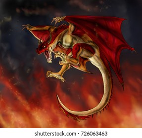 Red Wyvern Flying With Fire