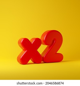 Red X2 Symbol Isolated Over Yellow Background. 3D Rendering.